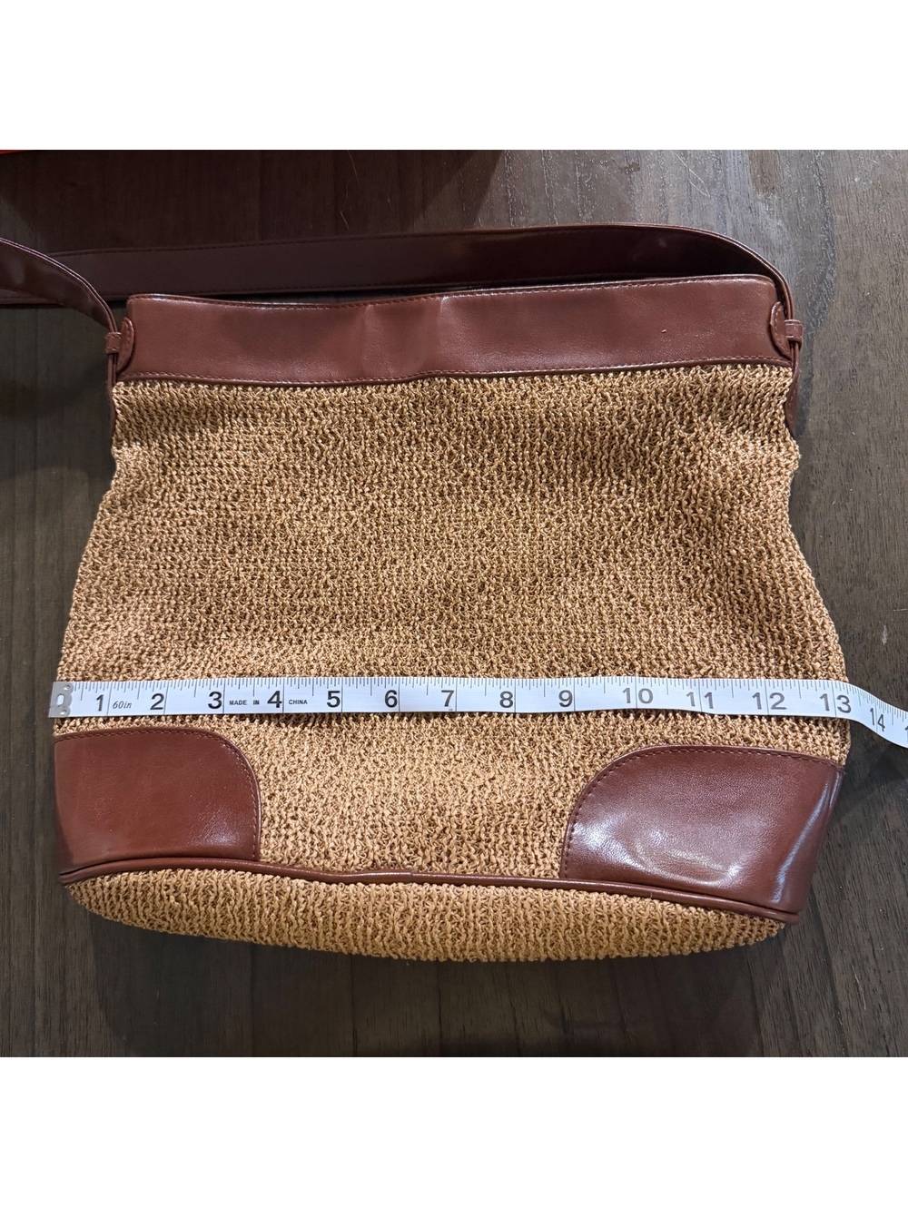 Evan Picone Woven Shoulder Bag Brown Faux Leather Trim Summer Beach Tote Purse - Picture 7 of 8
